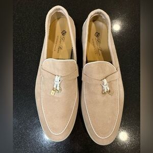 Loro Piana Beige Suede Loafers with Gold Accents
